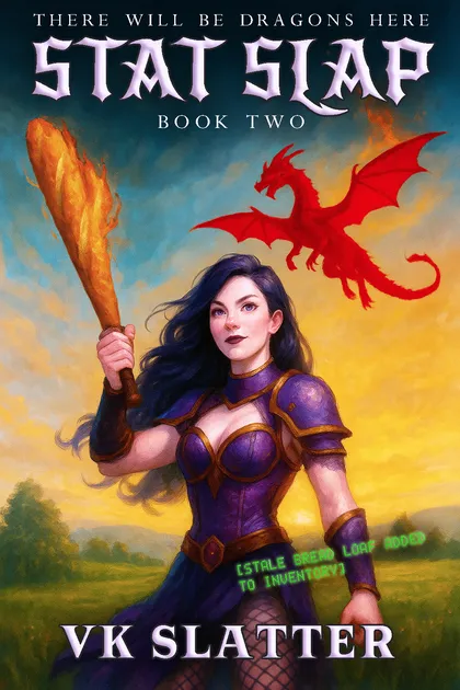 Stat Slap Book Two cover: the heroine raises a flaming club as a red dragon circles overhead.