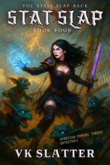 Stat Slap Book Four cover: the heroine fends off blue goblins on a storm-lashed ship deck.